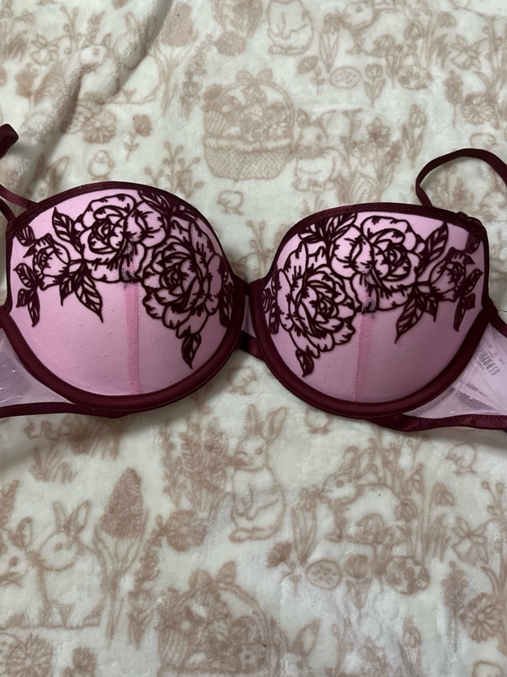 Victoria's Secret Pink and Burgundy Floral Embroidered Push-Up Bra